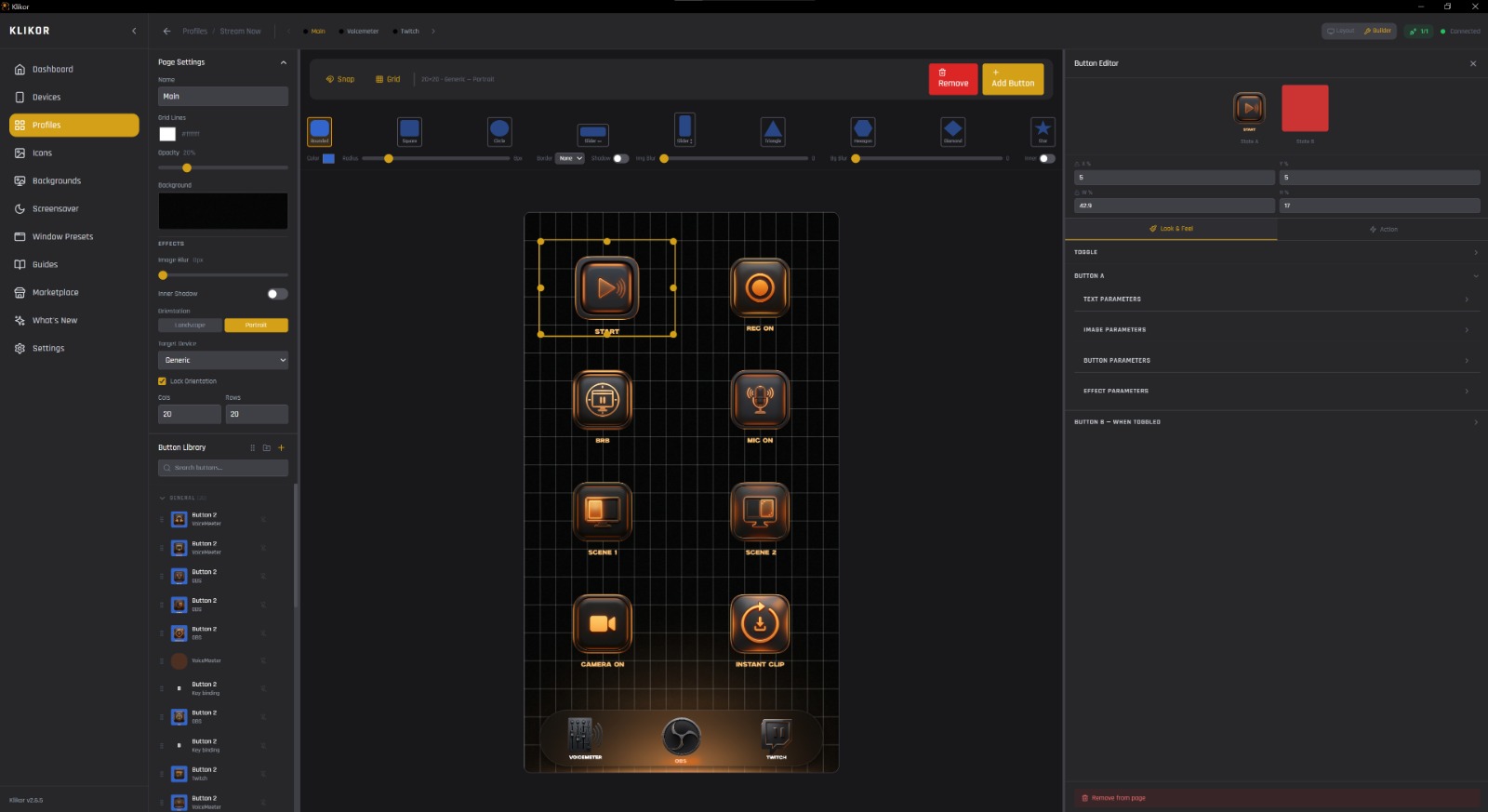 Klikor desktop button builder — drag-and-drop canvas with the button editor open