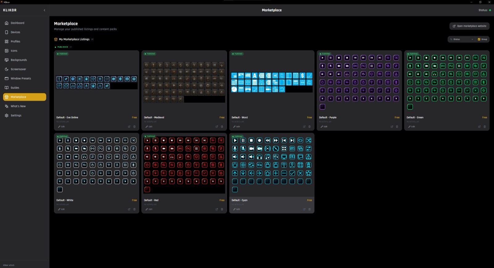 Marketplace — install community profiles and icon packs in one click