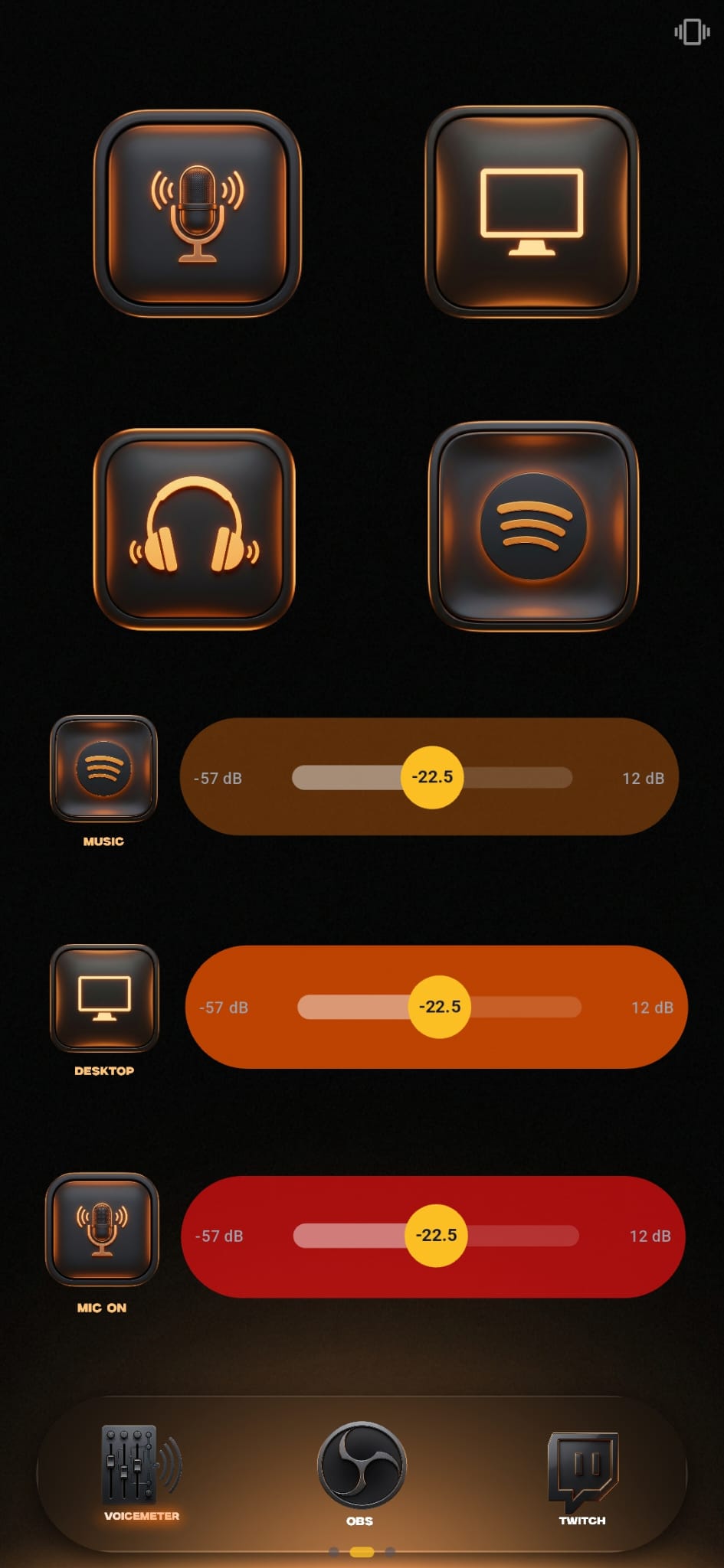 Audio control — per-source gain sliders